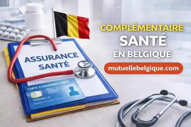 Une personne compare des brochures de mutualités sur une table, avec une calculatrice et un carnet