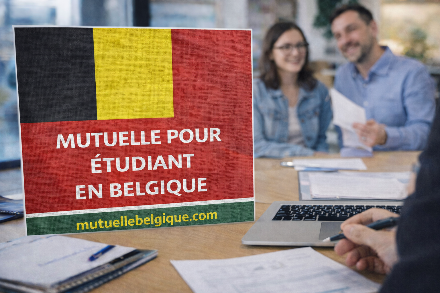 Étudiants devant un bâtiment universitaire belge, sac au dos, avec un dossier d'inscription à la main